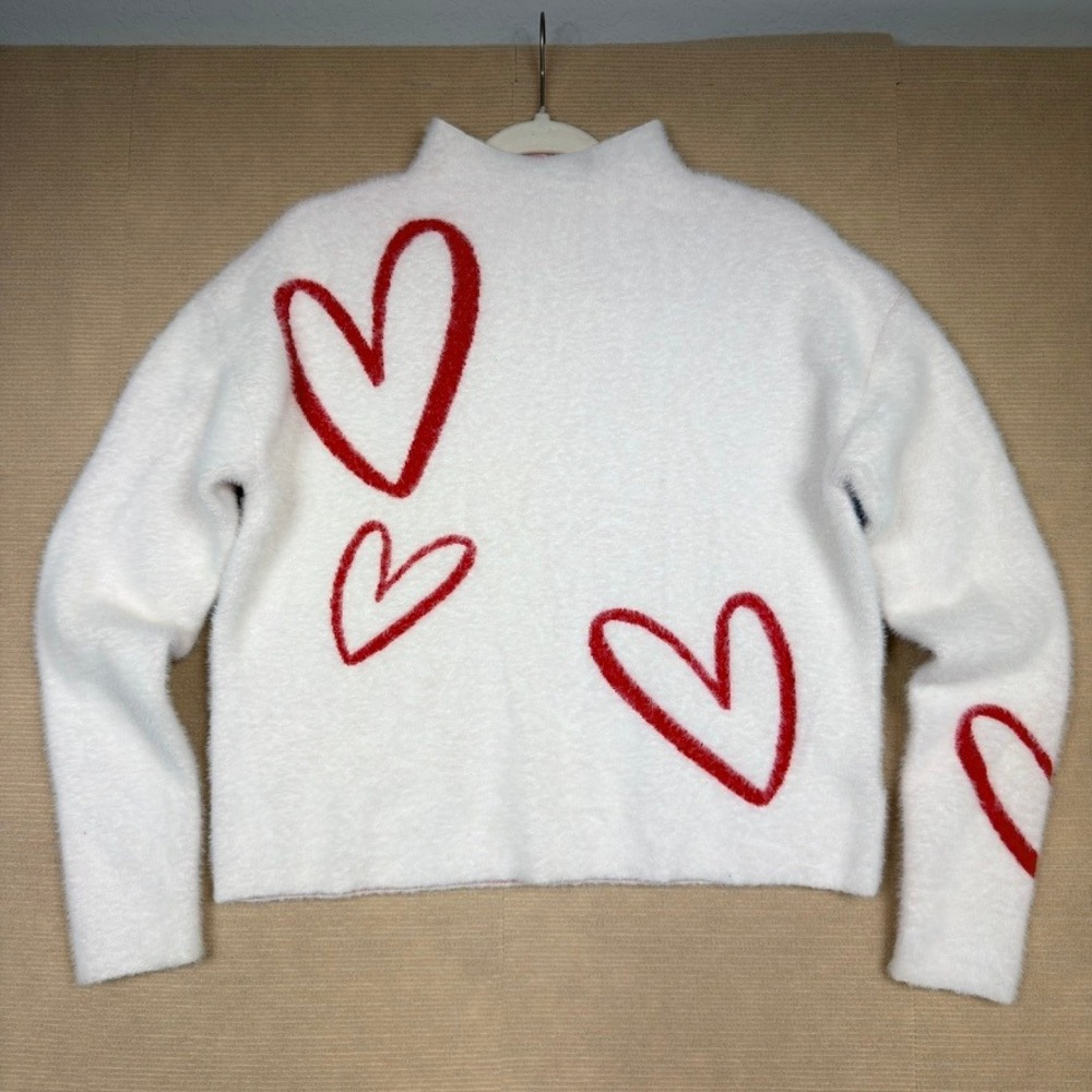 Rachel Zoe Womens Small White Fuzzy Heart Mock Neck Sweater Red Hearts Pullover